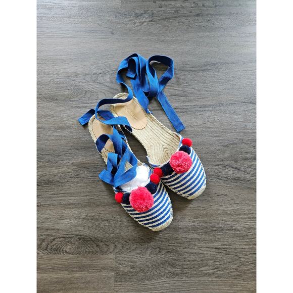 J. Crew Women's Blue Red Striped Ankle Wrap Pom Pom Espadrille Flats NIB Size 9 - Picture 5 of 9